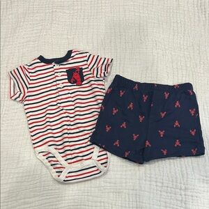 NWOT Little Me Red and Navy Striped Bodysuit Set with Lobsters